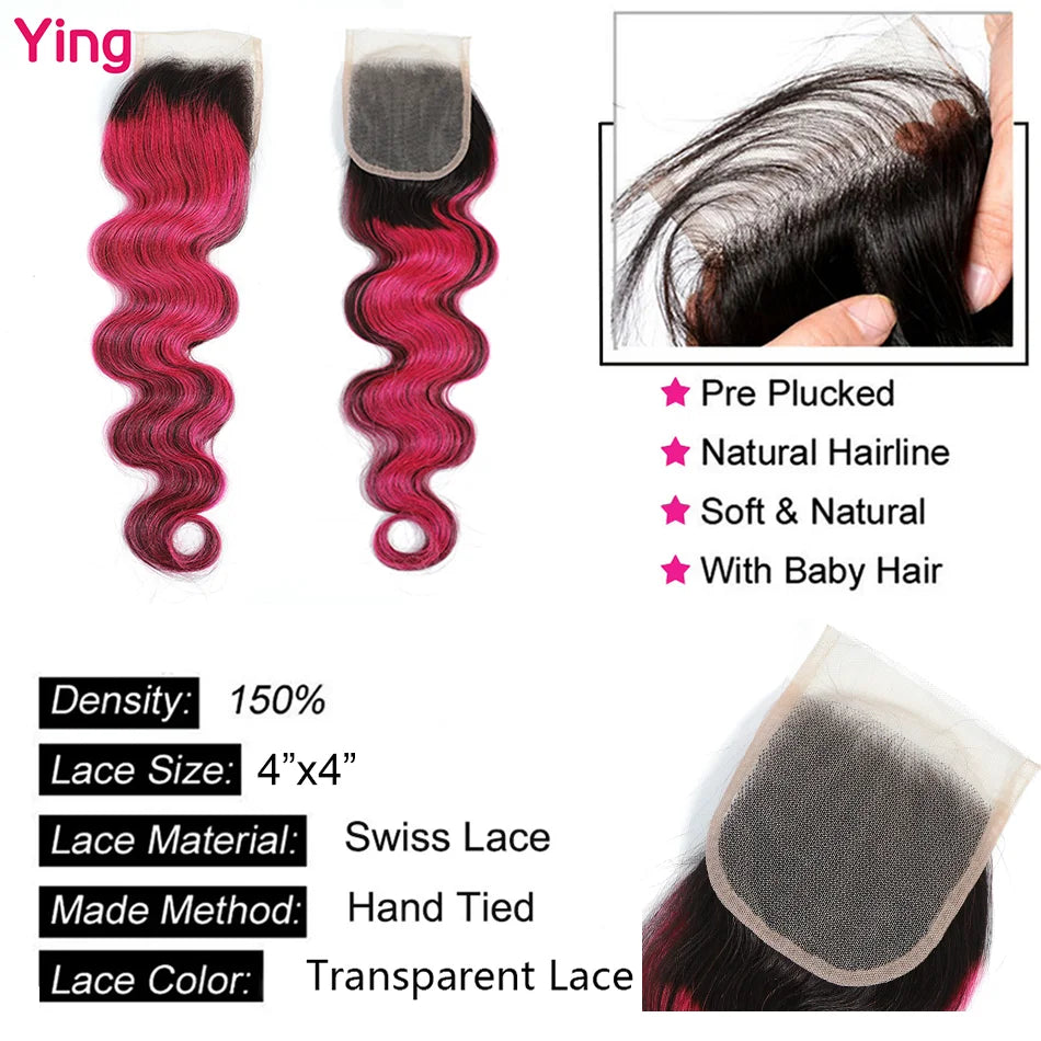 Highlight Pink Body Wave Remy Hair Weave 4 Bundles With Lace Closure