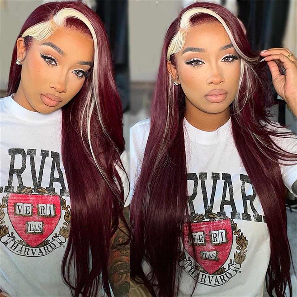 Lace Front Burgundy With Blonde and Red Stripe Pre-Plucked Human Hair Wigs