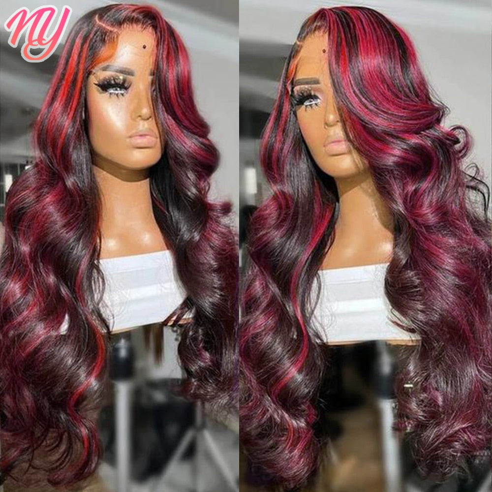 Lace Front Highlight Human Hair Black/Burgundy Body Wave  Wigs