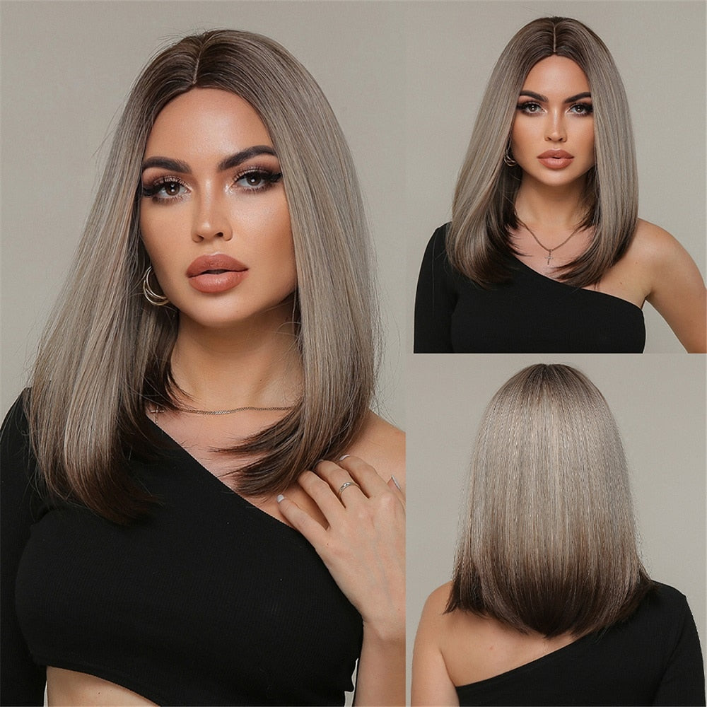 Synthetic Ombre Short Straight Bob with Bangs Wig