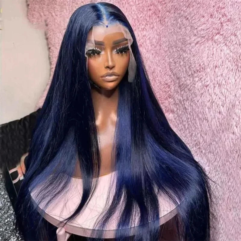 Glueless Preplucked Dark Blue  Straight Synthetic Lace Front Baby Hair Wig