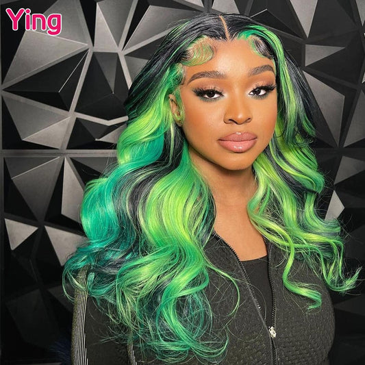 Lace Front Pre-Plucked Green Highlight Body Wave Peruvian Remy Human Hair Wigs