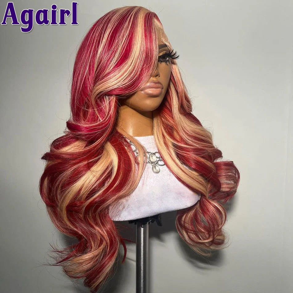 Lace Front Pre-Plucked Pomegranate Blonde Highlight  Human Hair Wigs