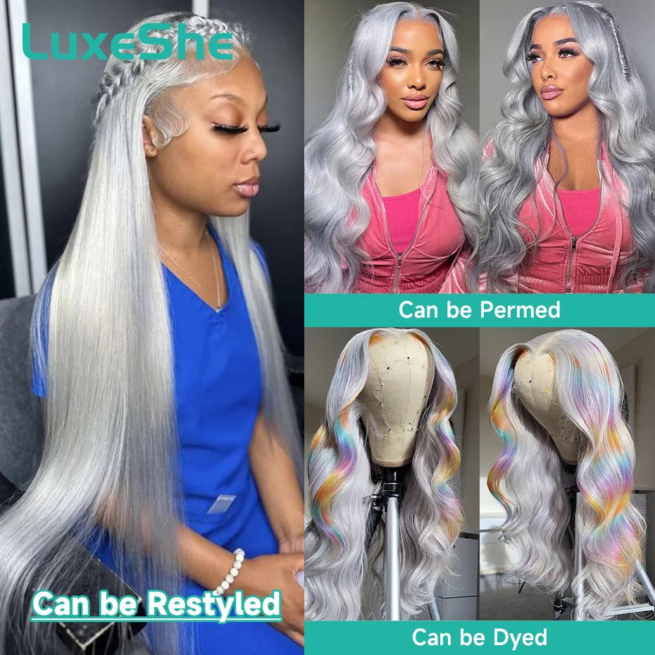 Lace Front Grey Straight Brazilian Human Hair Wigs