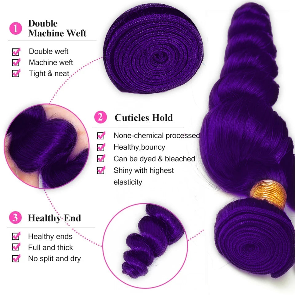 Lace Frontal Preplucked Purple Loose Wave  Remy Bundles with Closure