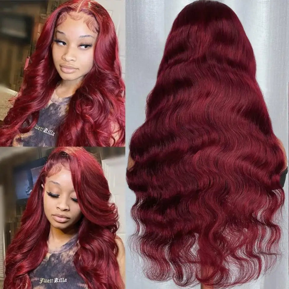 Glueless Lace Front  Burgundy Body Wave Human Hair  Wig