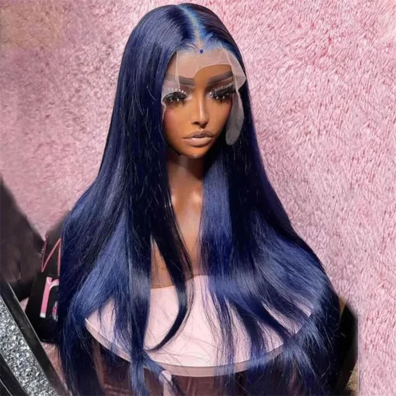 Glueless Preplucked Dark Blue  Straight Synthetic Lace Front Baby Hair Wig