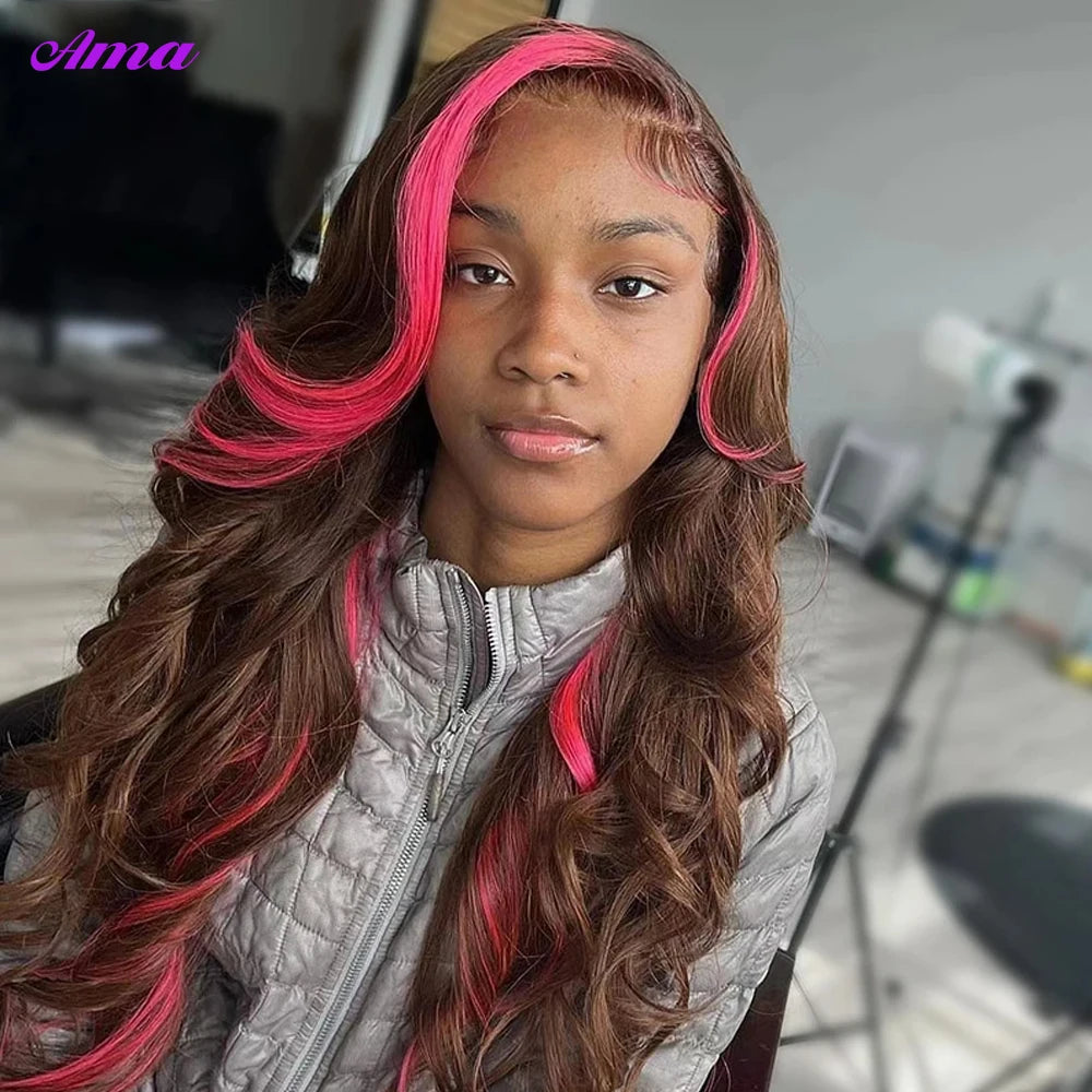 Lace Front Body Wave Brown Pink Colored Human Hair  Wig