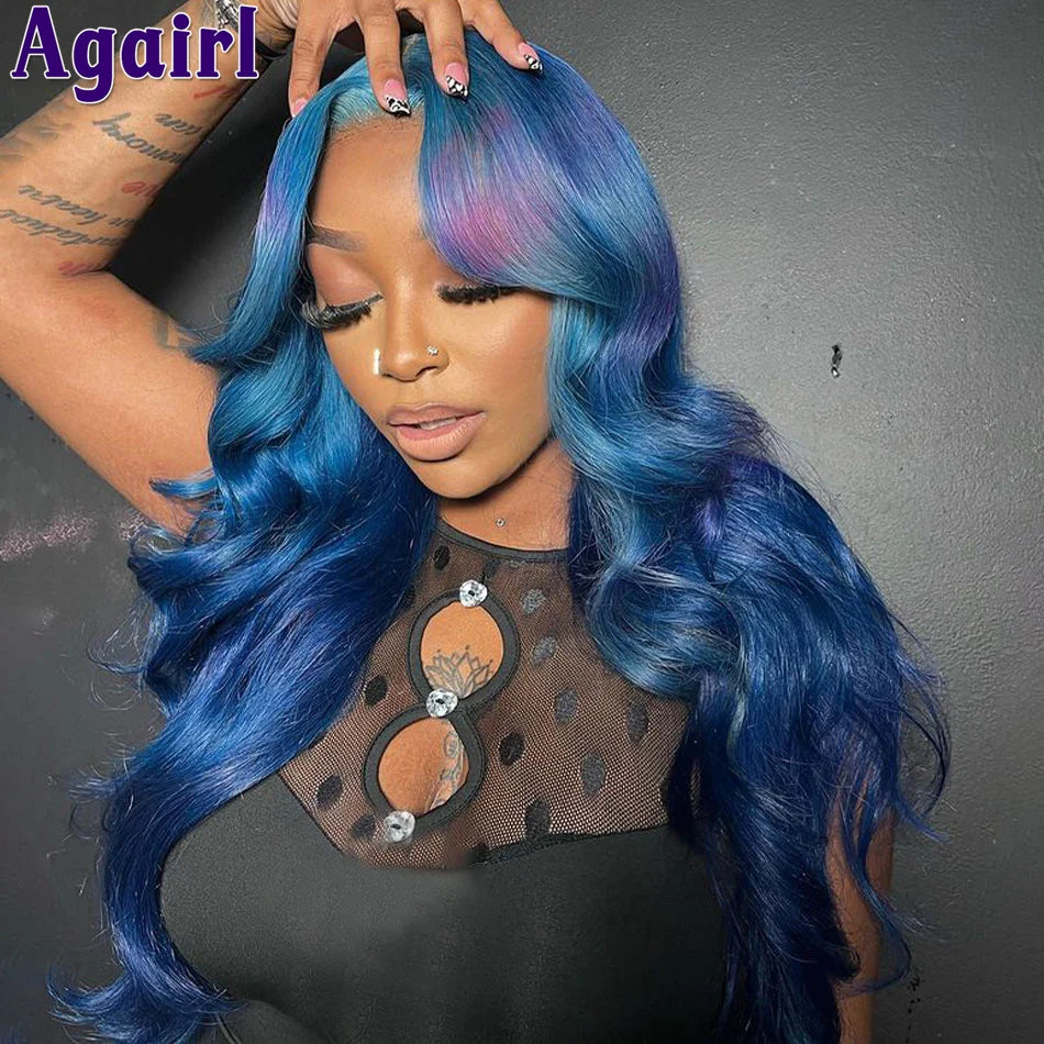 Lace Front Blue Purple Ombre  Body Wave Human Hair Wigs