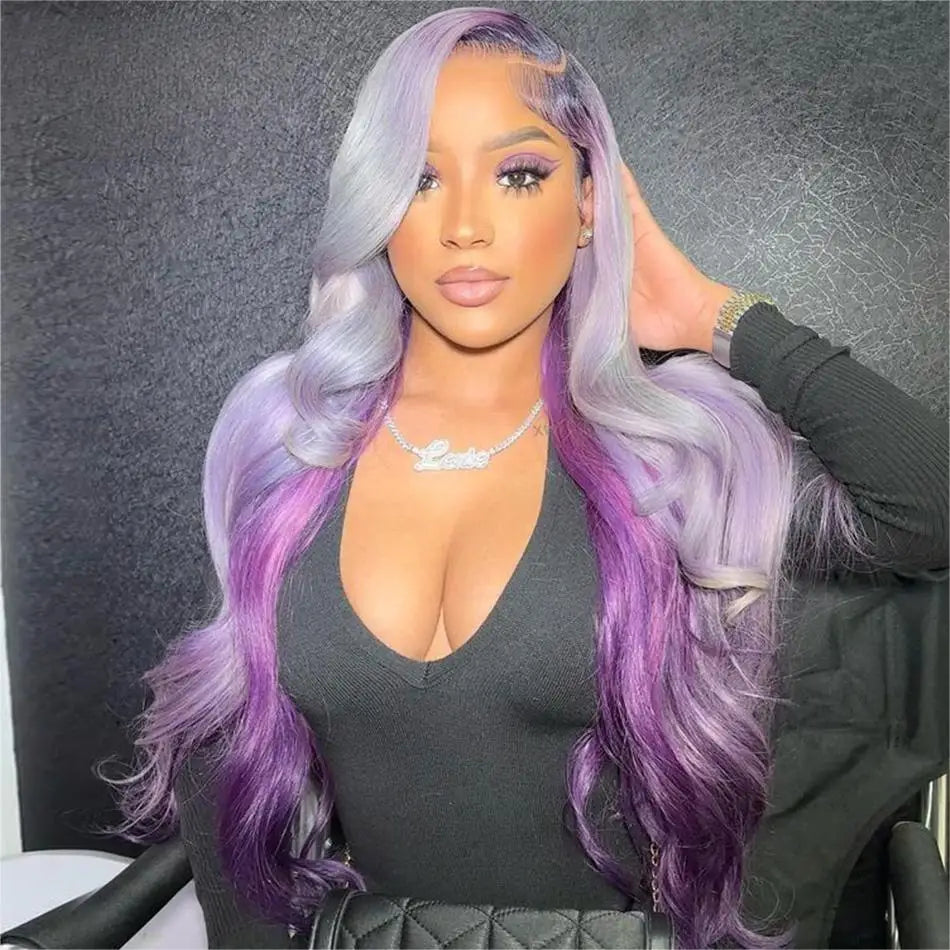 Glueless Lace Front Purple With Grey Body Wave Human Hair Wigs