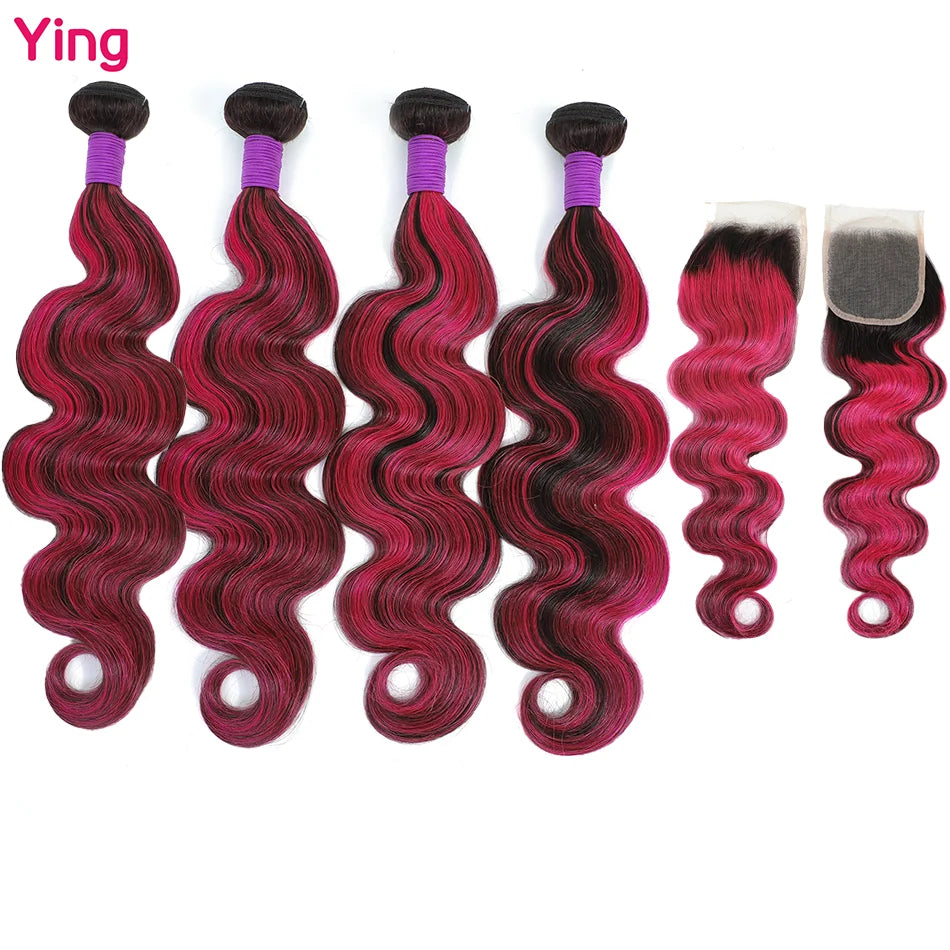 Highlight Pink Body Wave Remy Hair Weave 4 Bundles With Lace Closure