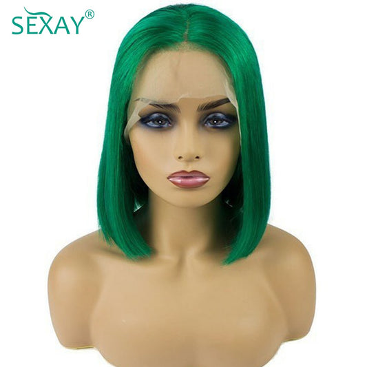 Glueless Lace Front Green Short Bob Transparent Brazilian Human Hair Wig