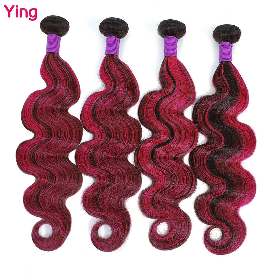 Highlight Pink Body Wave Remy Hair Weave 4 Bundles With Lace Closure