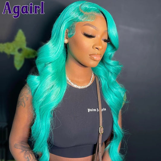 Lace Front PrePlucked Sky Blue Body Wave Human Hair  Wigs