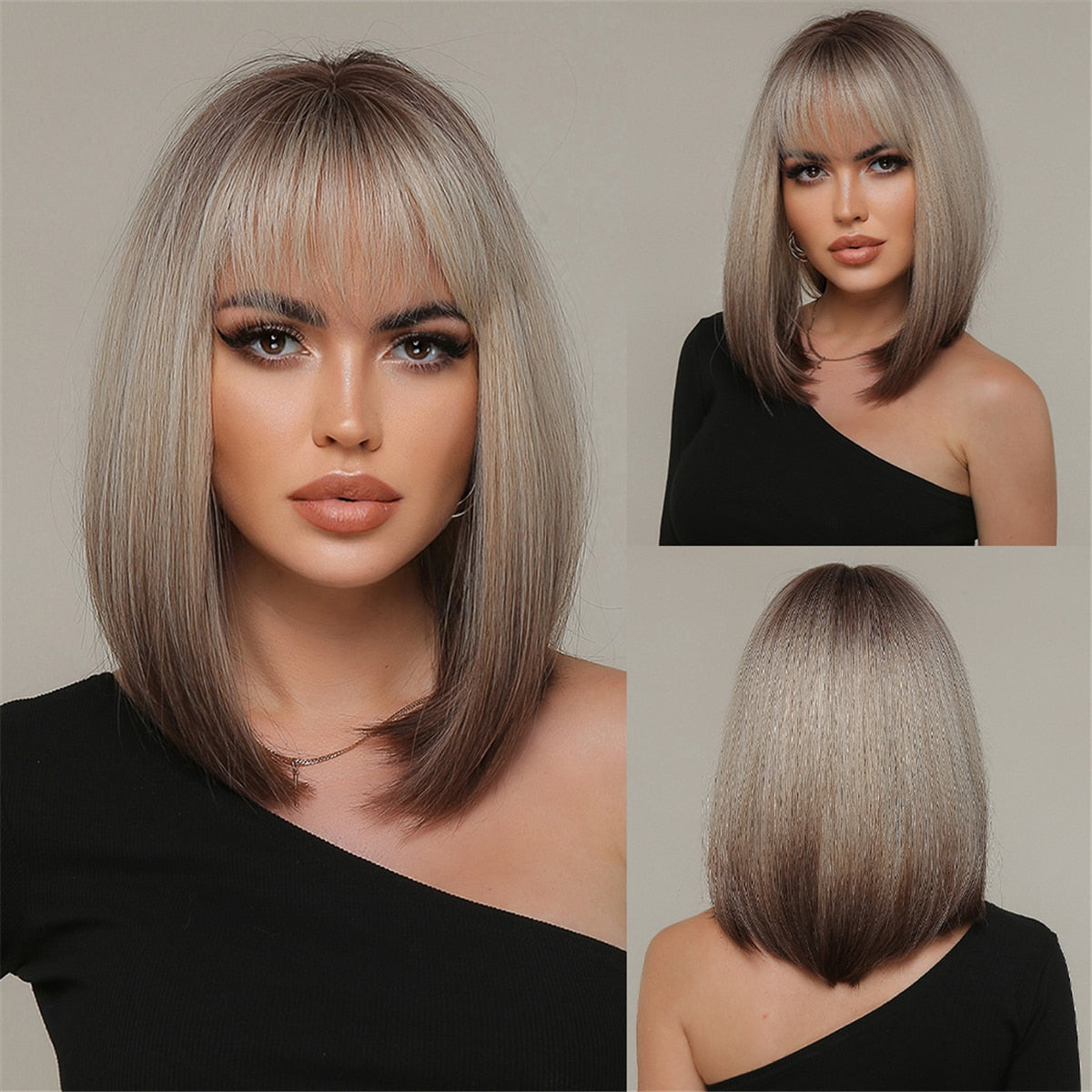 Synthetic Ombre Short Straight Bob with Bangs Wig