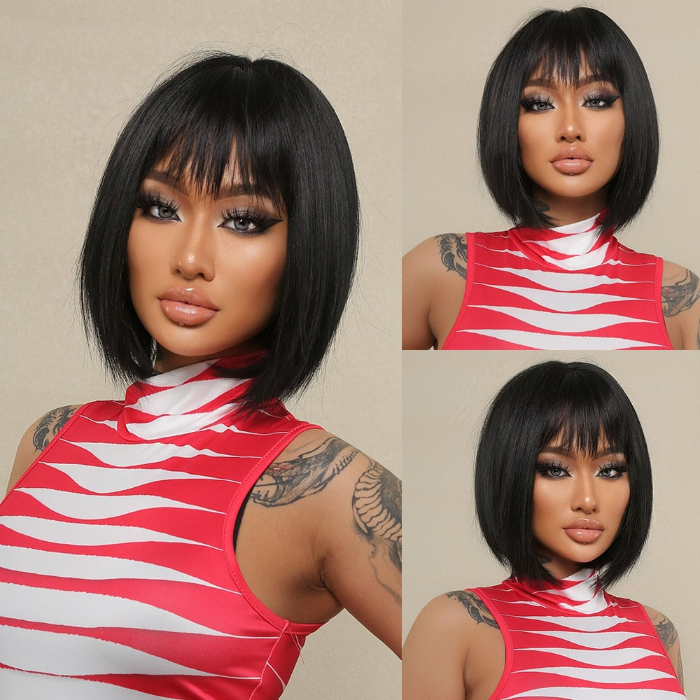 Synthetic Ombre Short Straight Bob with Bangs Wig