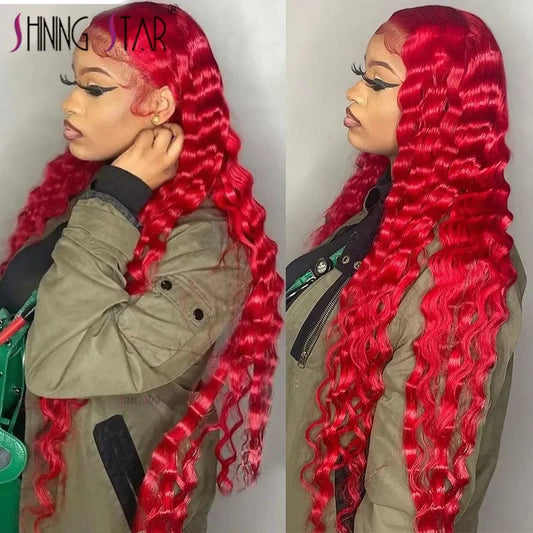 Lace Front Red Deep Wave Human Peruvian Hair Wig