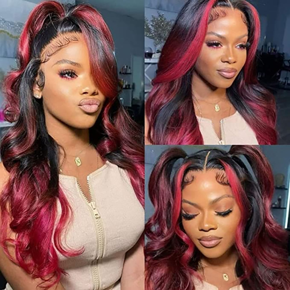 Lace Front Highlight Human Hair Black/Burgundy Body Wave  Wigs