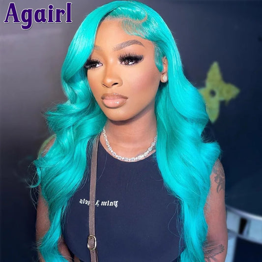 Lace Front PrePlucked Sky Blue Body Wave Human Hair  Wigs