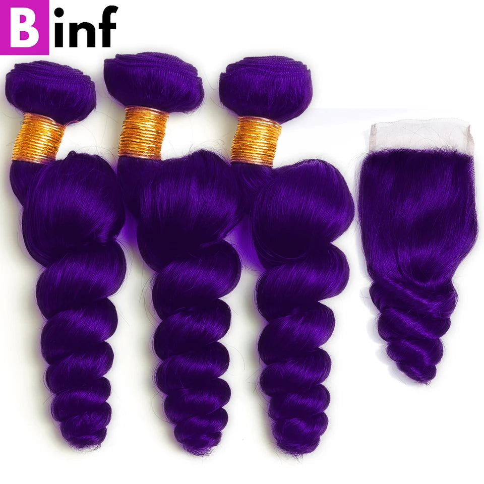 Lace Frontal Preplucked Purple Loose Wave  Remy Bundles with Closure