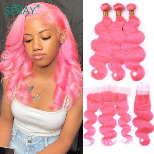 Rose Pink Body Wave Peruvian Human Hair Weave Bundles With Transparent Lace Frontal