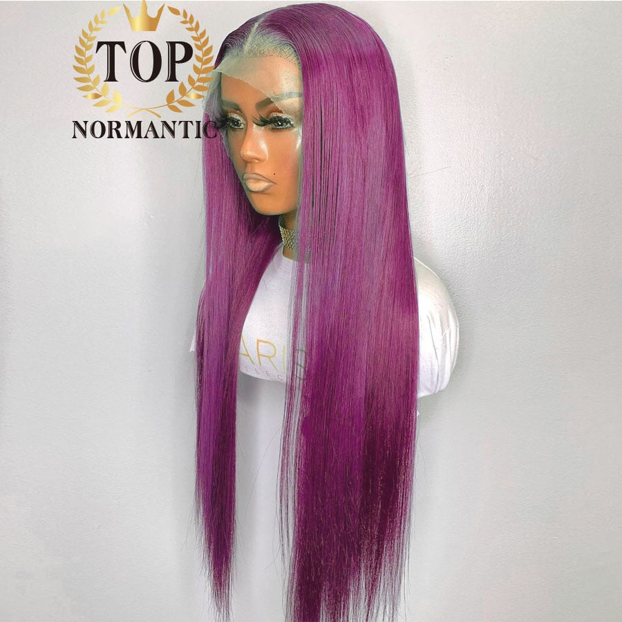 Glueless Lace Front Dark Pink  Straight Hair Transparent Wigs