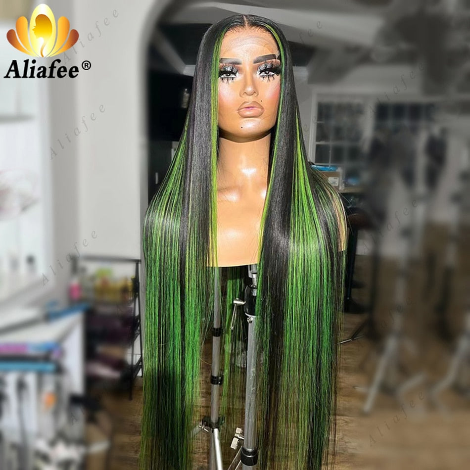 Lace Front Highlight Green Straight Brazilian Human Hair Wigs