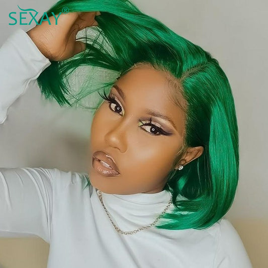 Glueless Lace Front Green Short Bob Transparent Brazilian Human Hair Wig