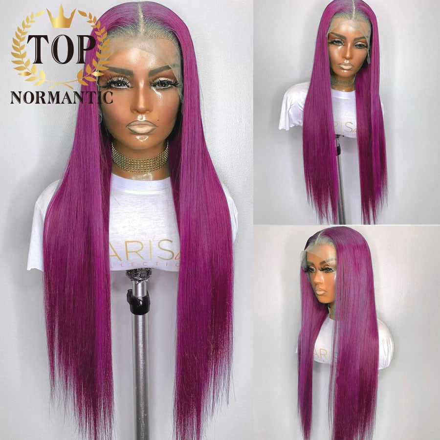 Glueless Lace Front Dark Pink  Straight Hair Transparent Wigs