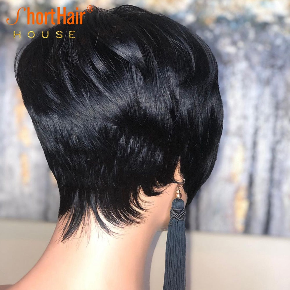 Pixie Short Cut Straight Bob Wig With Bangs Brazilian  Human Hair Wigs