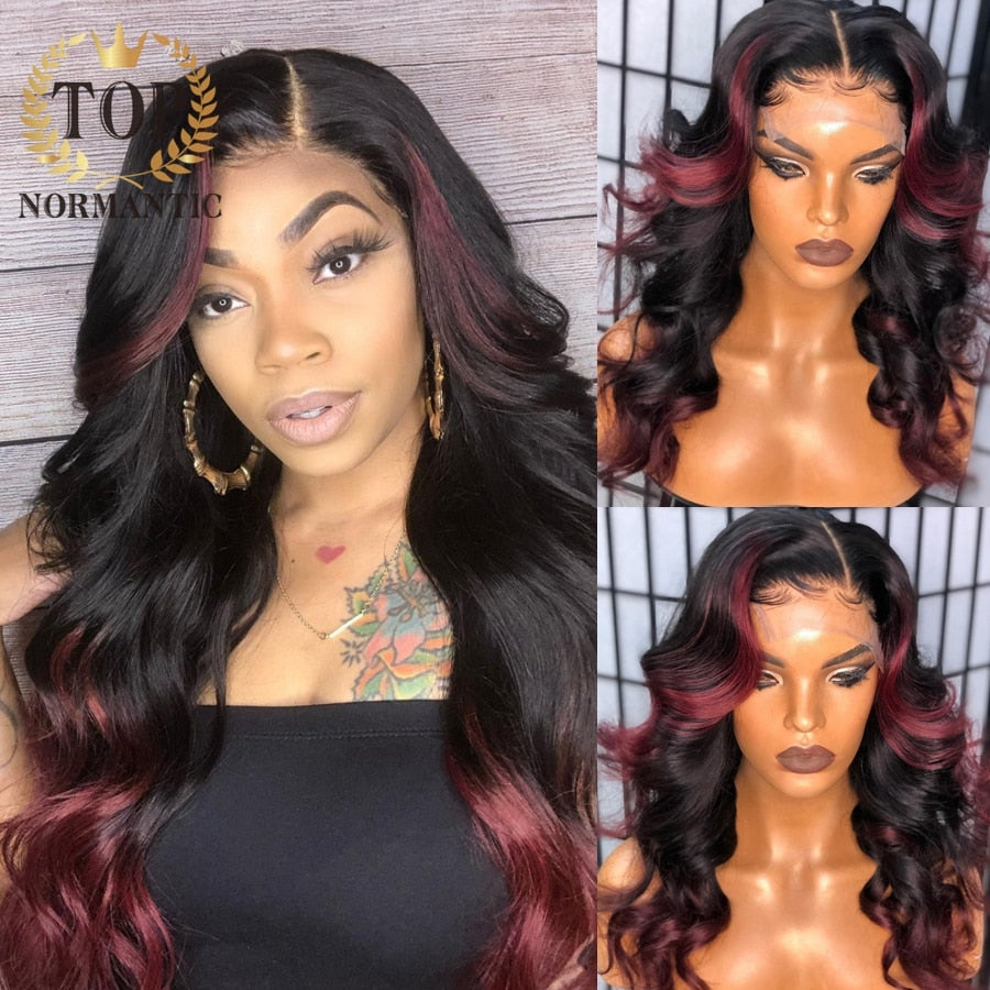 Lace Front Highlight Burgundy  Preplucked Brazilian Remy Human Hair Body Wave Wig