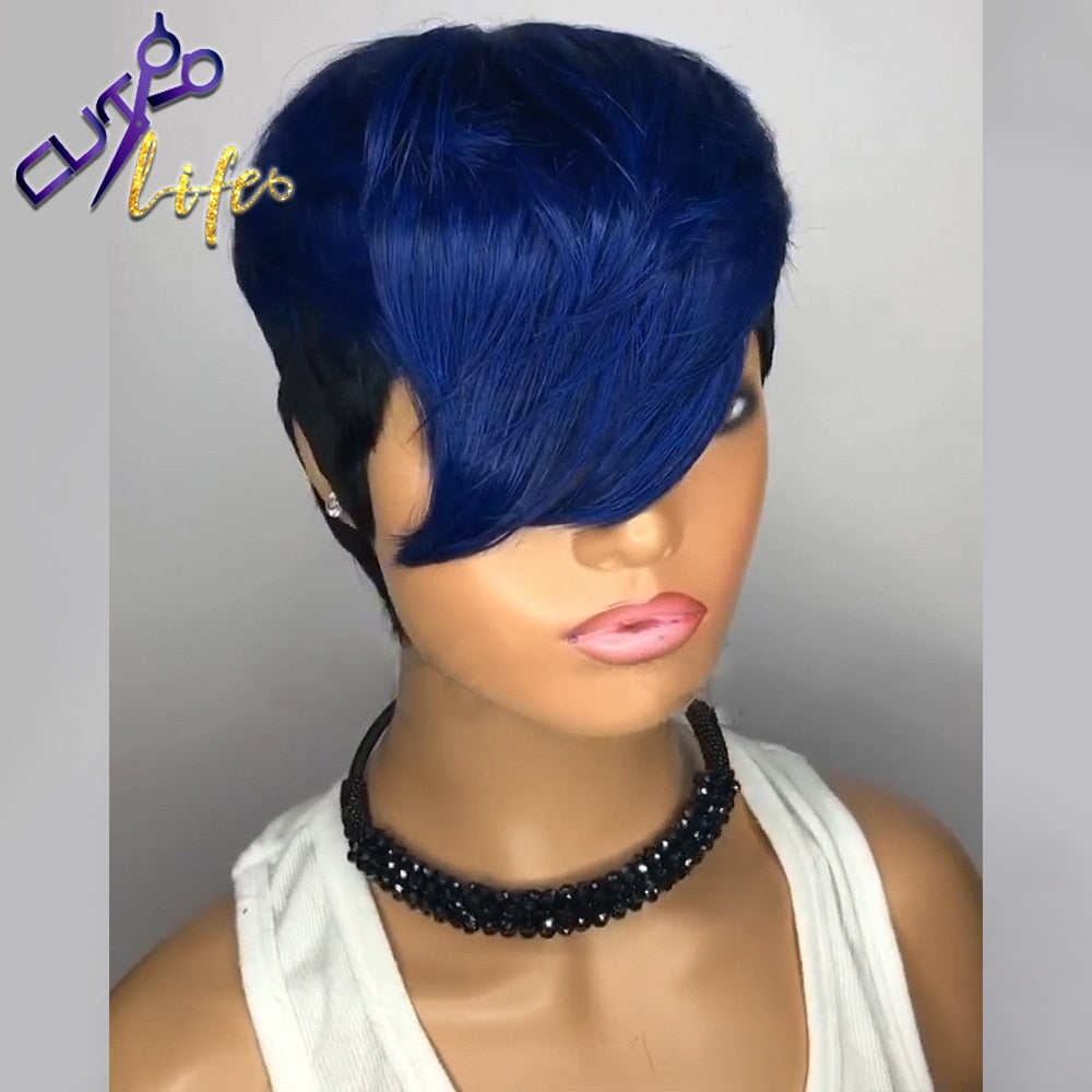 Non-Lace Glueless Remy Human Hair Blue Ombre Wavy  Short Straight Bob Pixie Cut Wigs