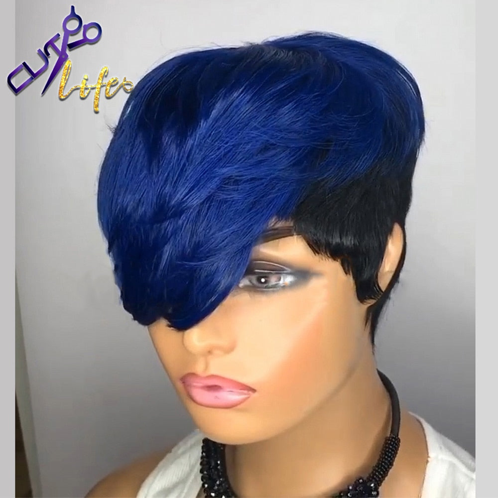 Non-Lace Glueless Remy Human Hair Blue Ombre Wavy  Short Straight Bob Pixie Cut Wigs