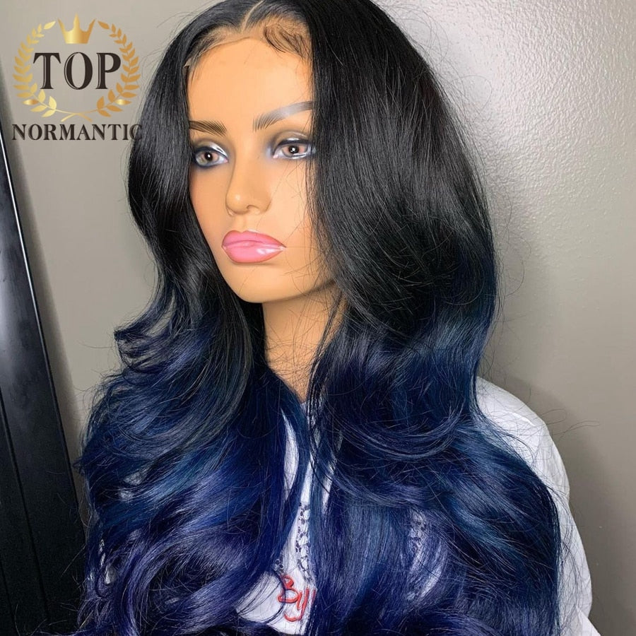 Lace Front Body Wave Ombre Blue Brazilian Remy Human Hair with Baby Hair Wig