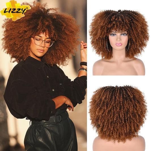 Synthetic Glueless High-Temperature Short Afro Kinky Curly With Bangs Wigs