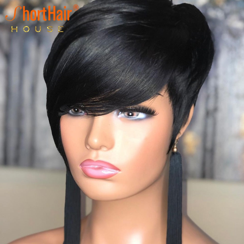 Pixie Short Cut Straight Bob Wig With Bangs Brazilian  Human Hair Wigs