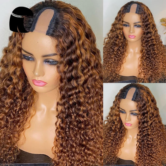 U Part Middle Ombre Brown Brazilian Remy Human Hair Wig