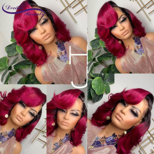 Lace Front Glueless Rose Red Brazilian Human Hair Wigs