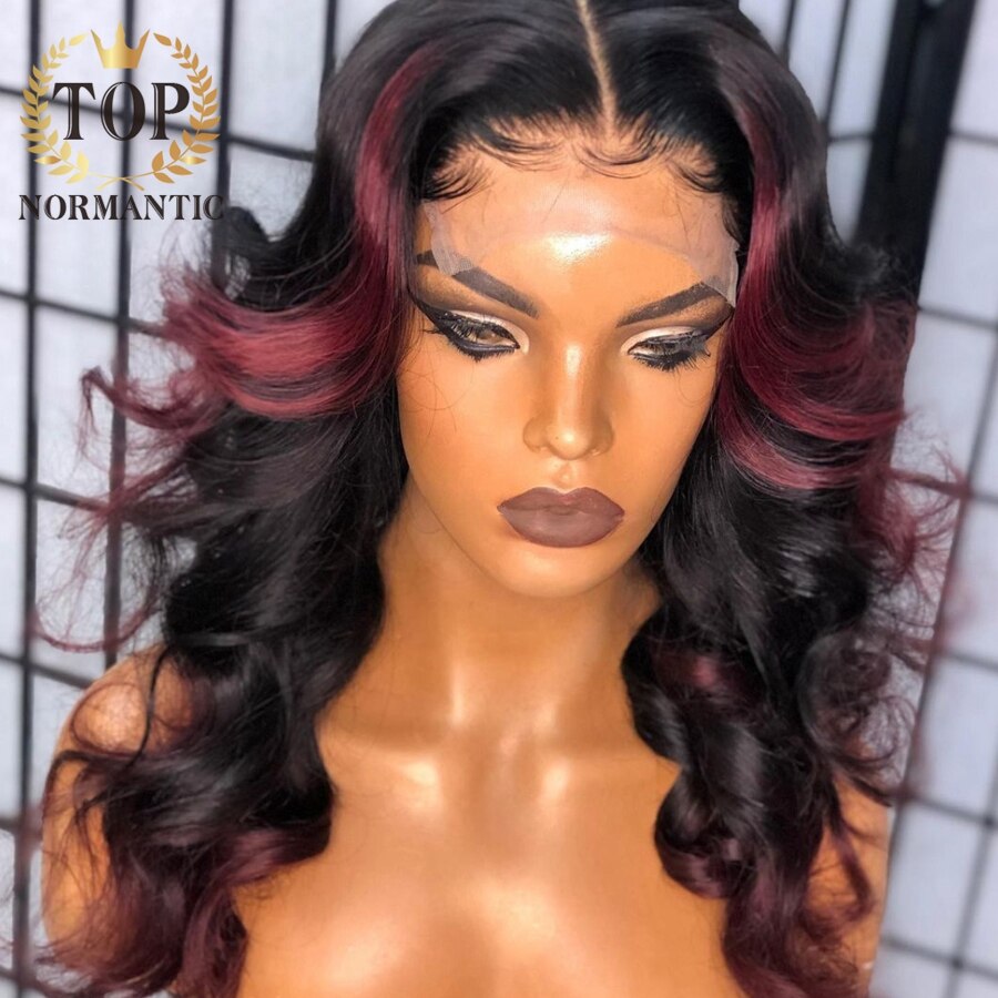 Lace Front Highlight Burgundy  Preplucked Brazilian Remy Human Hair Body Wave Wig