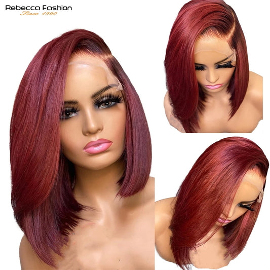 Lace Front Burgundy Blunt Cut Bone Straight Short Bob Brazilian Human Hair Transparent Wigs