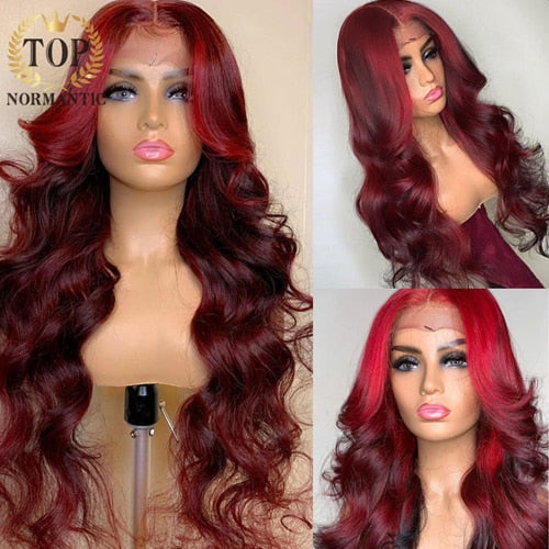 Lace Front Loose Wave Highlight Red Burgundy Remy Indian Human Hair  with Baby Hair  Wigs