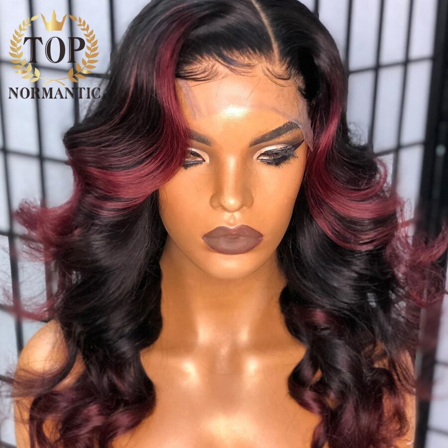 Lace Front Highlight Burgundy  Preplucked Brazilian Remy Human Hair Body Wave Wig