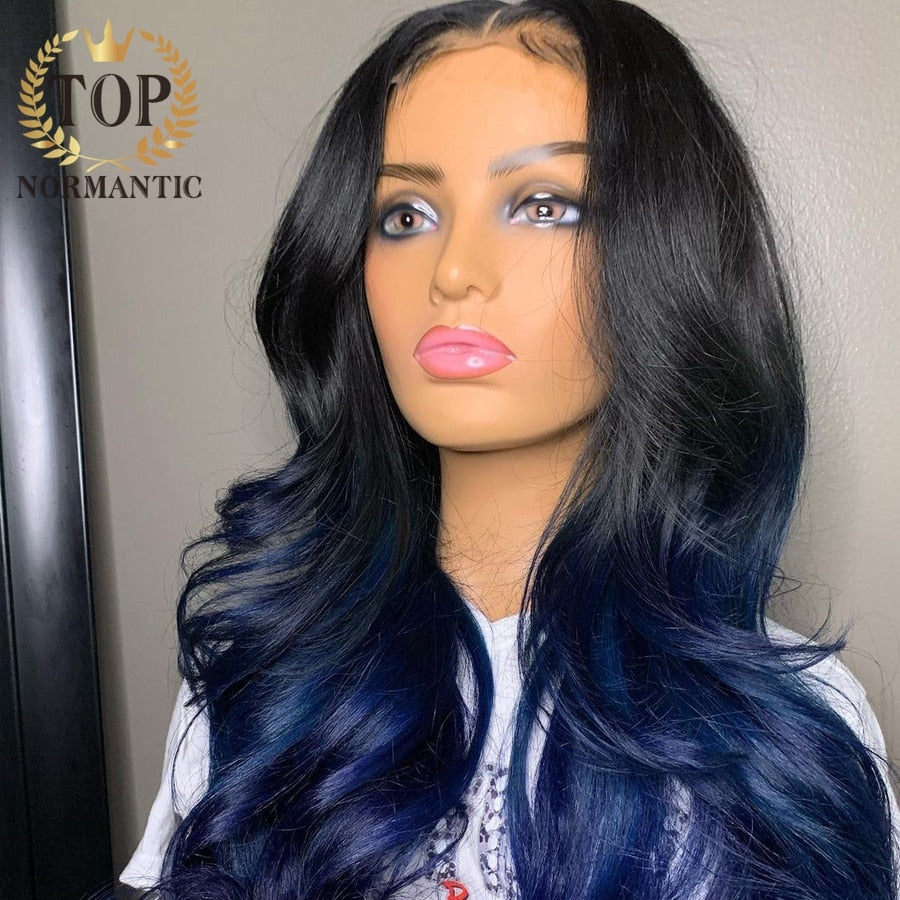 Lace Front Body Wave Ombre Blue Brazilian Remy Human Hair with Baby Hair Wig