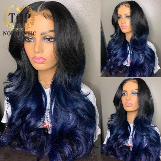 Lace Front Body Wave Ombre Blue Brazilian Remy Human Hair with Baby Hair Wig