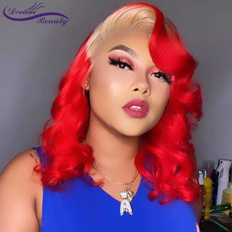 Lace Frontal Ombre Blonde Red Brazilian Remy Human Hair Wigs