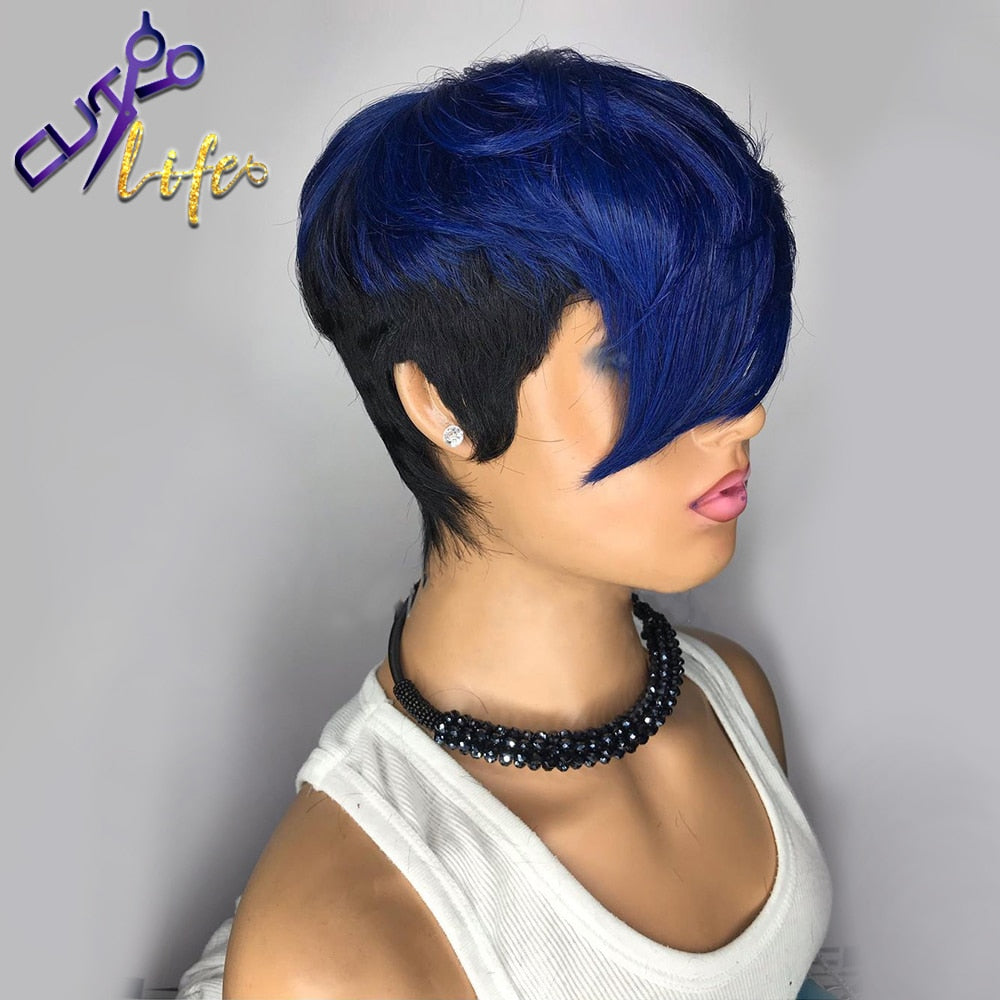 Non-Lace Glueless Remy Human Hair Blue Ombre Wavy  Short Straight Bob Pixie Cut Wigs