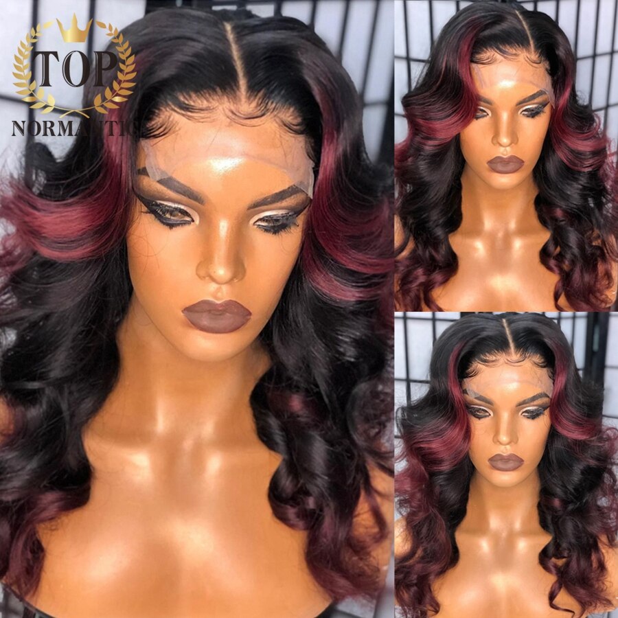 Lace Front Highlight Burgundy  Preplucked Brazilian Remy Human Hair Body Wave Wig