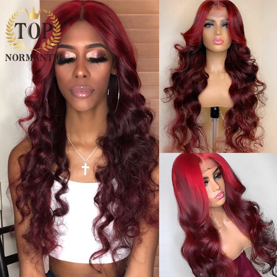 Lace Front Loose Wave Highlight Red Burgundy Remy Indian Human Hair  with Baby Hair  Wigs