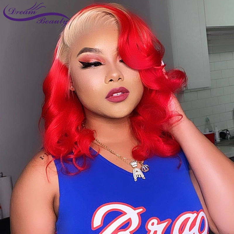 Lace Frontal Ombre Blonde Red Brazilian Remy Human Hair Wigs