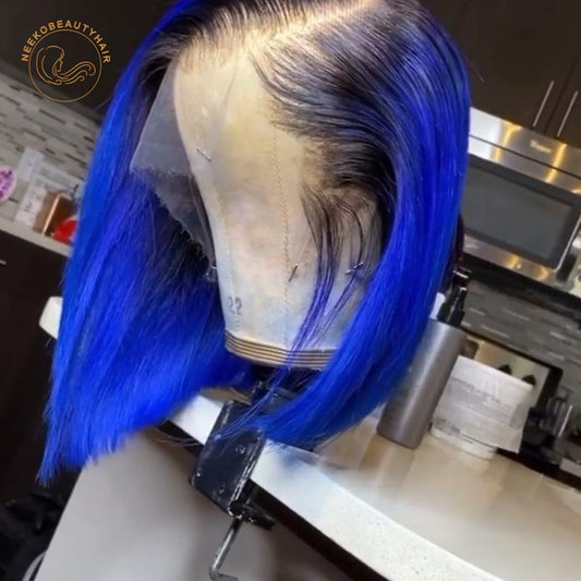 Lace Front Human Hair Ombre Blue Bob  Wigs